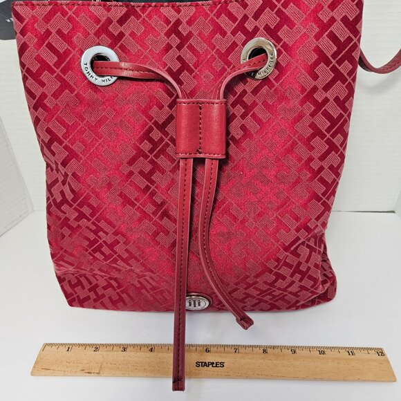 NWT Tommy Hilfiger Logo Rich Red "TH" Monogram Drawstring Bucket Handbag - Picture 13 of 14